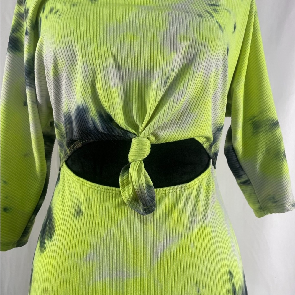 Tie dye maxi dress black, lime,neon yellow, cut out front tie, 
Mid sleeve,Large - Picture 2 of 8